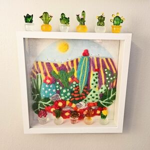 Framed cactus succulent saguaro needle felt art with resin cactus wall art